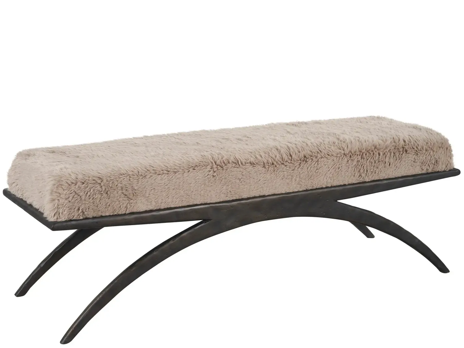 Fuzzy upholstered bed bench with black metal legs