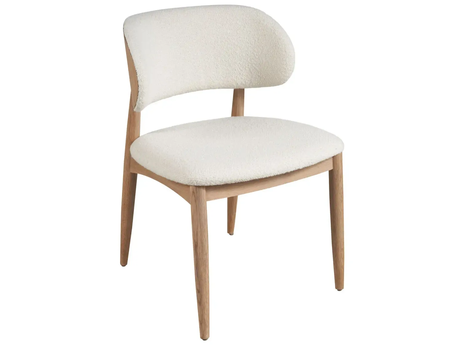 White upholstered dining side chair in natural oak finish