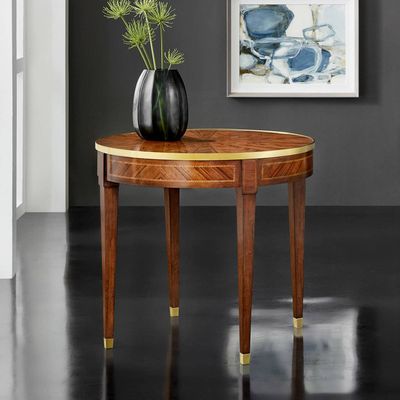 Round inlay end table living room view