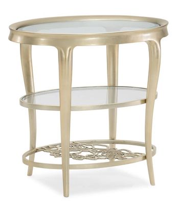 Oval glass top end table with storage