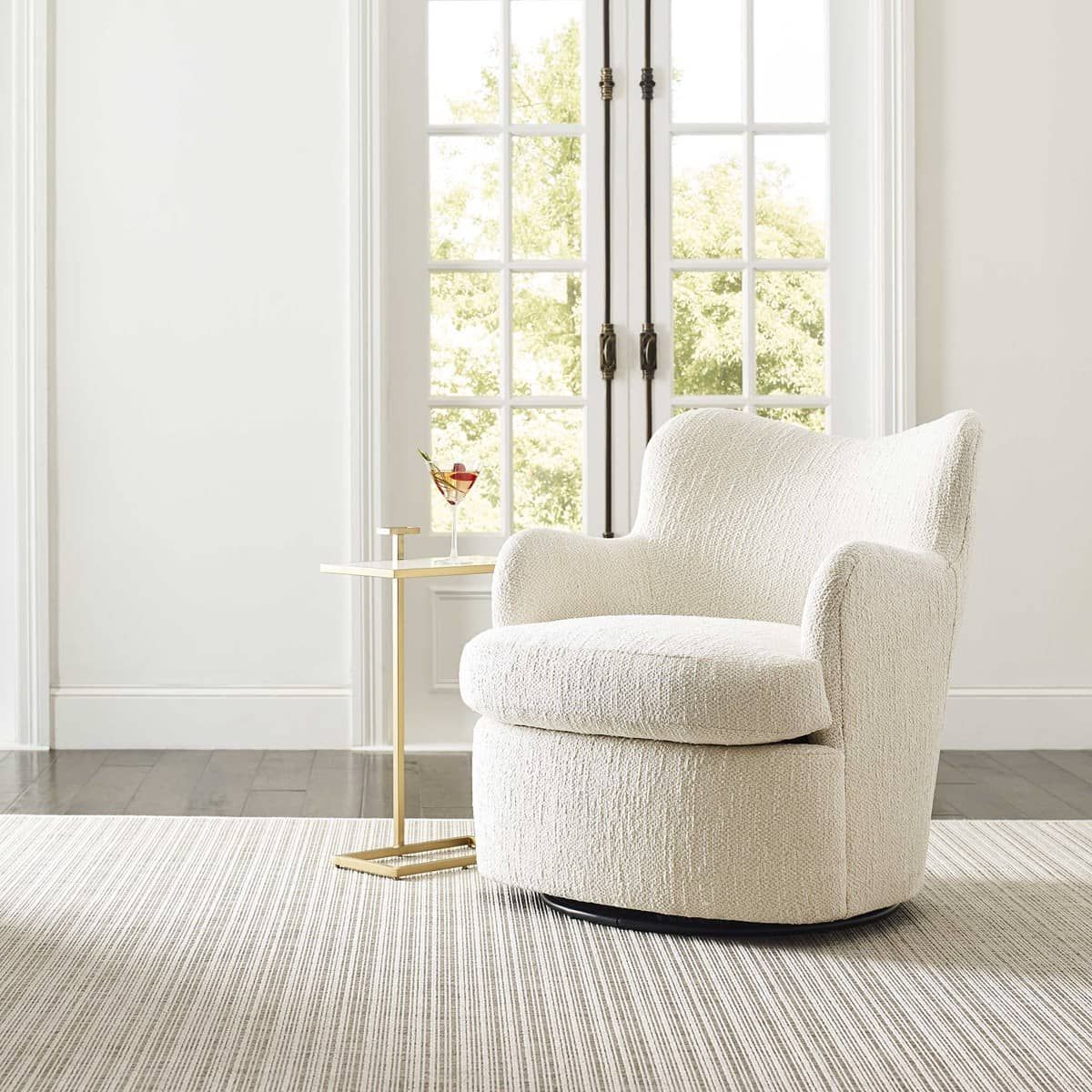 Cream Chenille Upholstered Swivel Accent Armchair Living Room View