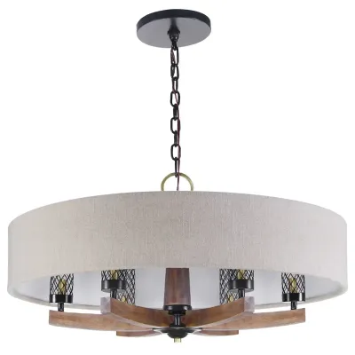 6 Light Wood Arm Bronze Round Pendant Chandelier