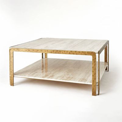 Cream Travertine and Bronze Metal Square Coffee Table with Travertine Shelf