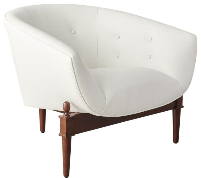 Modern Art Deco Walnut Stained Oak & White Buttoned Leather Club Accent Chair