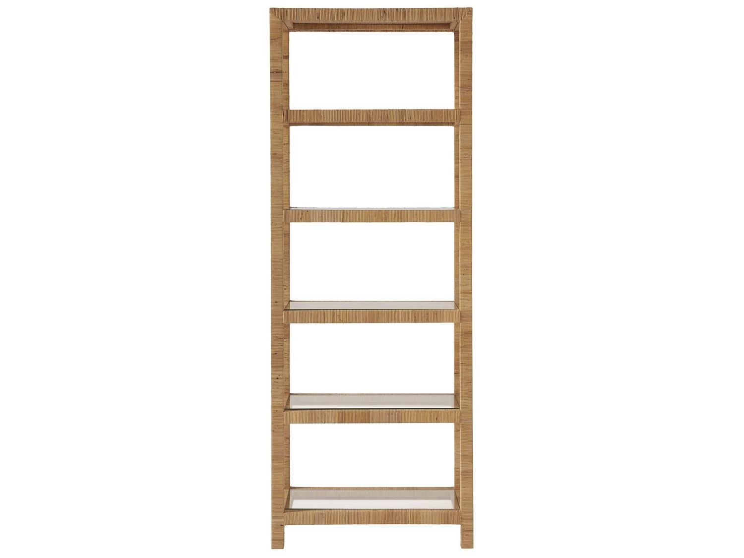 Boho chic woven split rattan wicker wood etagere with 5-glass shelves front view