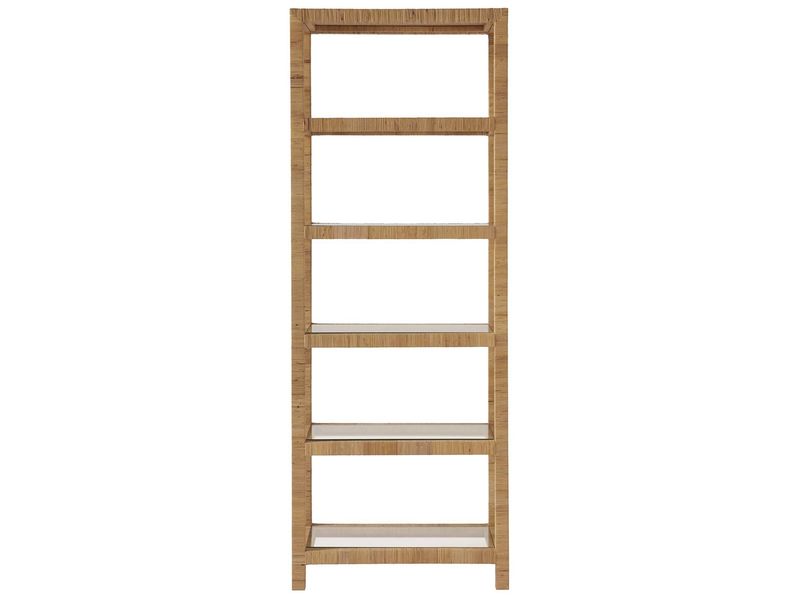 Boho chic woven split rattan wicker wood etagere with 5-glass shelves front view
