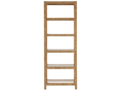 Boho chic woven split rattan wicker wood etagere with 5-glass shelves front view