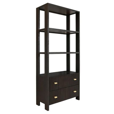 Dark Wood 4-Shelf Etagere Bookcase with 2-Drawers Angel View