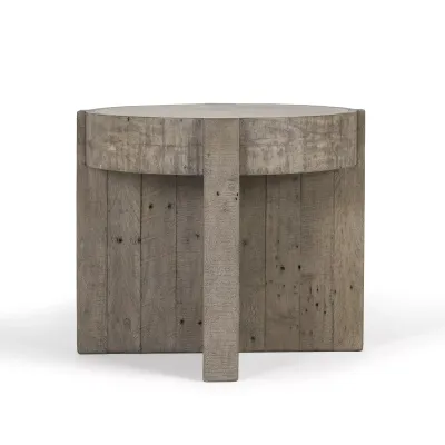 Old Round Reclaimed Pine End Table in Distressed Gray with Concrete Laminate Top in Chalk White