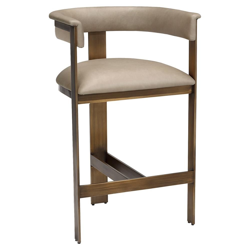 Mid-Century Taupe Leather Bronze Stainless Steel Counter Stool