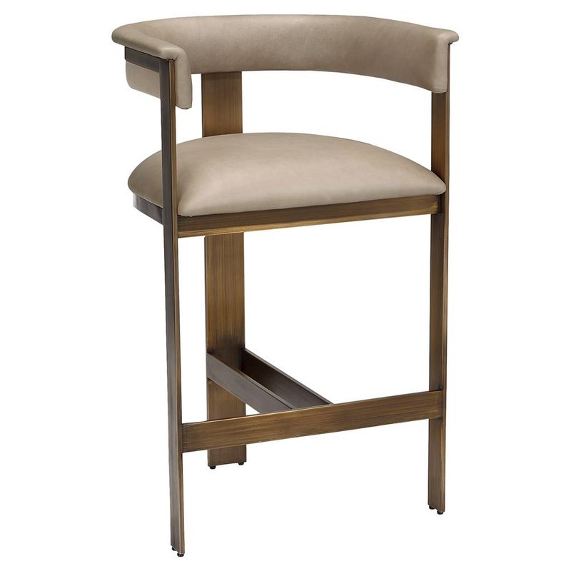 Mid-Century Taupe Leather Bronze Stainless Steel Counter Stool
