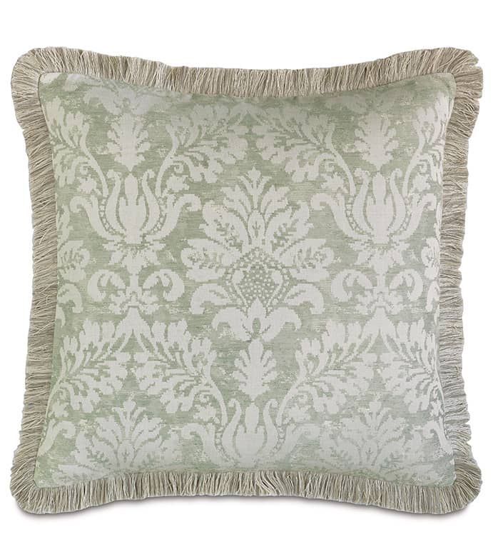 Pale Green Decorative Bed Pillow with Fringe Edge Trim in Damask Pattern Fabric