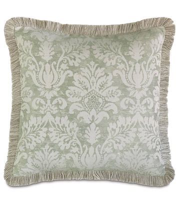 Pale Green Decorative Bed Pillow with Fringe Edge Trim in Damask Pattern Fabric
