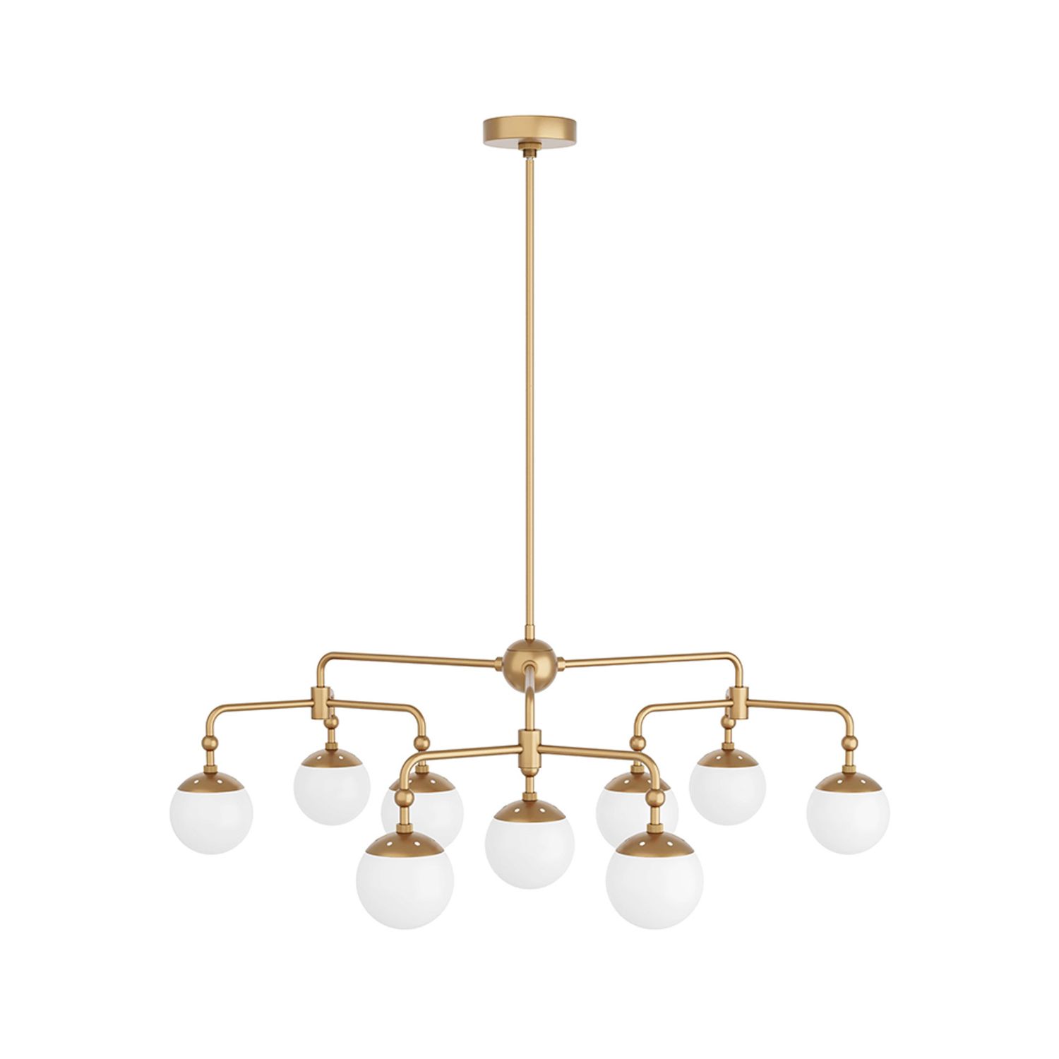 Brass chandelier with white globe shades