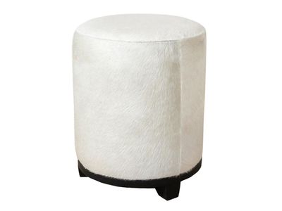 Leather White Hide Round Ottoman with Wood Base