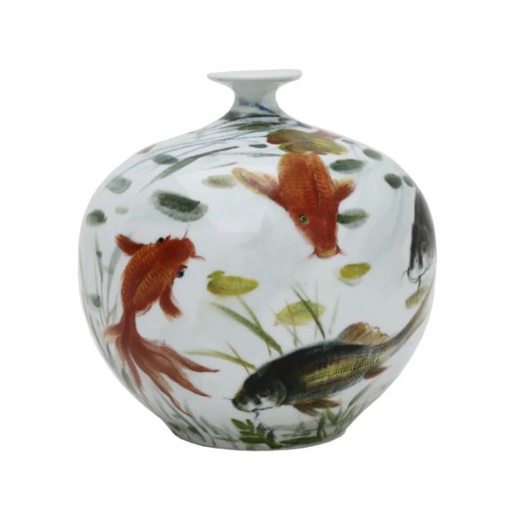 Decorative Fish Design Bottle Vase in Glazed Porcelain  – 11” Home Decor
