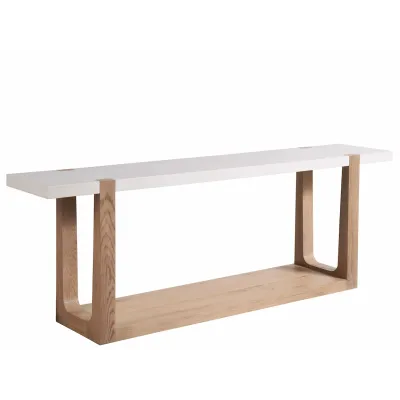 White quartz top and light brown oak wood console table