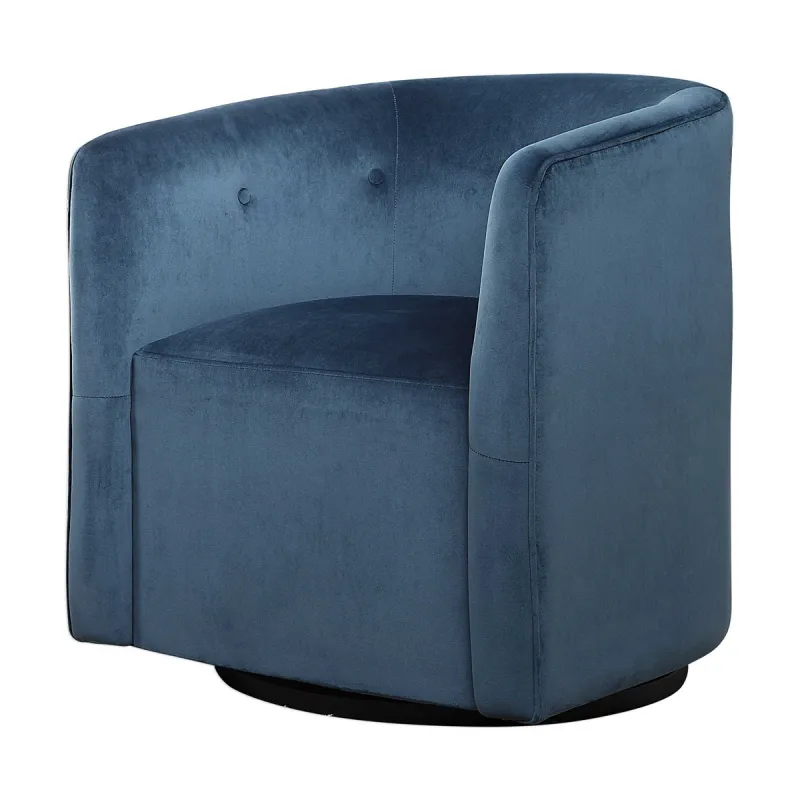 Ink Blue Velvet Barrel Swivel Chair Angel View