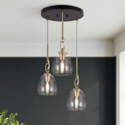 3-Light Brass Pendant Lamp with Clear Glass Globes