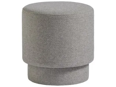 Light gray, round pouf ottoman with dimensions 18" x 18" x 18"