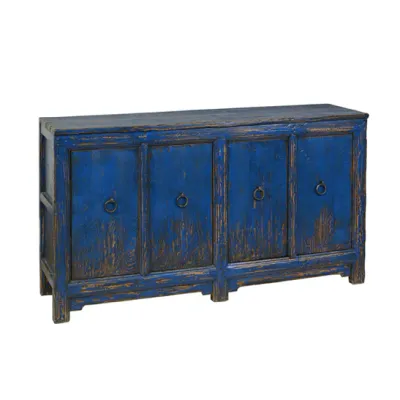 Distressed Blue Pine 4-Door Entertainment Center