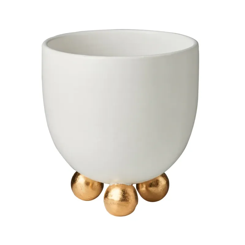 Handmade Footed Cachepot - Matte White, Gold Feet
