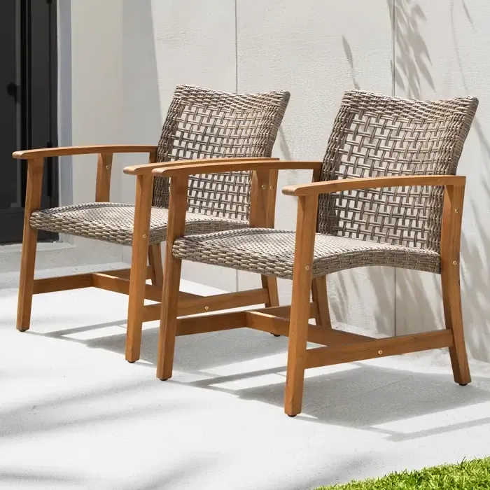 Dynamic Gray and Brown Acacia Wood and Wicker Lounge Chair in Outdoor Setting