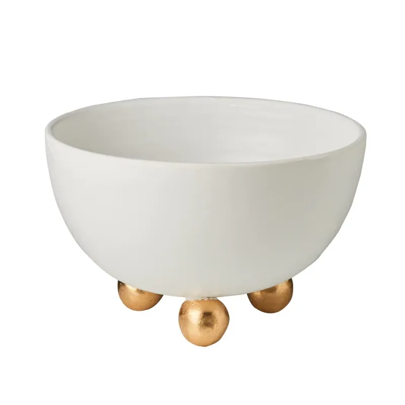 Handmade Footed Bowl - Matte White, Gold Feet