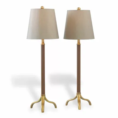 Gold Leather-Wrapped Buffet Lamp Set Brown and Gold Tall Buffet Lamps