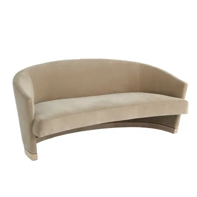 Olive gray curved demi-lune loveseat, angled view