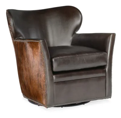Aniline Leather Upholstered Wing Back Swivel Arm Chair with Hair On Hide Back Exterior