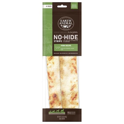 Earth Animal No-Hide Strips Pork Recipe Thin Natural Rawhide Alternative Dog Chew Treats, 1.5 Oz., Count of 4, Size: 1.5 OZ, Colour: OC, Season: OS