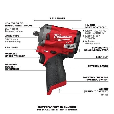 M12 FUEL™ 3/8" Stubby Impact Wrench Tool Only 2554-20