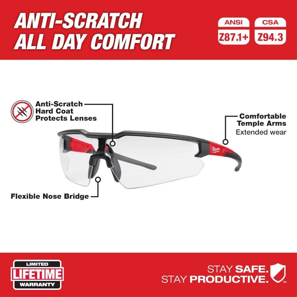 Safety Glasses - Anti-Scratch Lenses, Lense Color: Clear, Magnification: +0.00, Pack Qty: 1