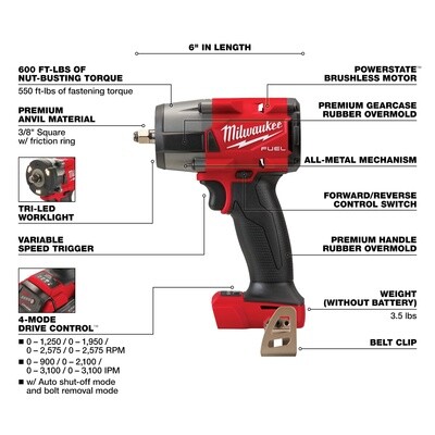 M18 FUEL™ 3/8 &quot; Mid-Torque Impact Wrench w/ Friction Ring Tool Only 2960-20