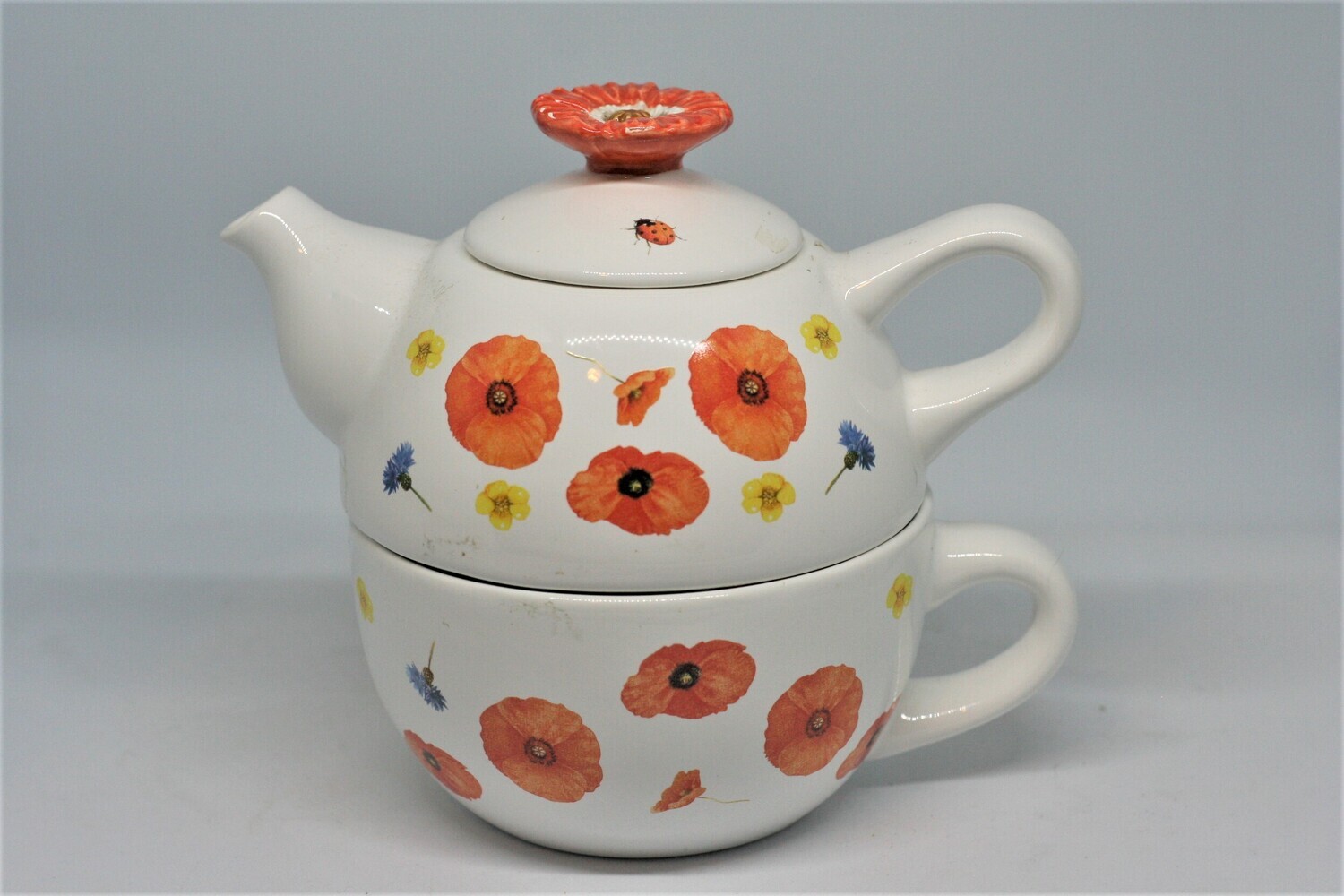 Charming Orange Floral Teacup and Teapot Set with Ladybug Accent