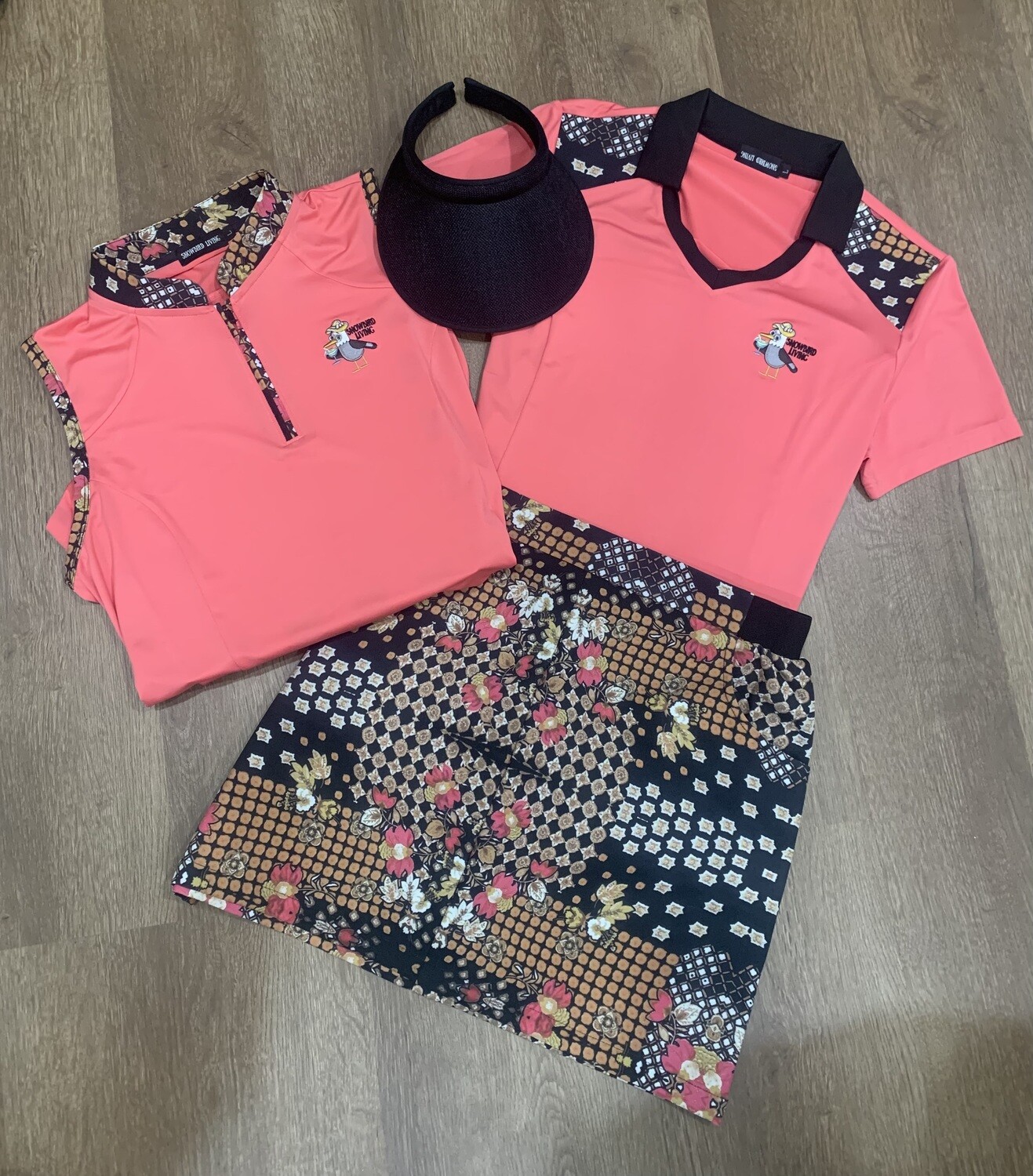 Snowbird Living Golf Apparel for Women - Skort, Sleeveless, Short Sleeve Polo Tops - Coral Black Brown Unique Pattern Mix and Match