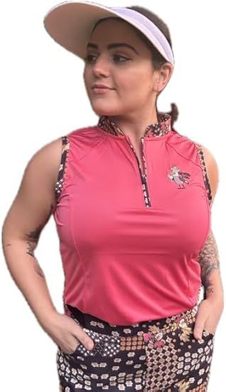 Golf Apparel for Women - Sleeveless Polo Top - Coral Black Brown Unique Pattern Mix and Match