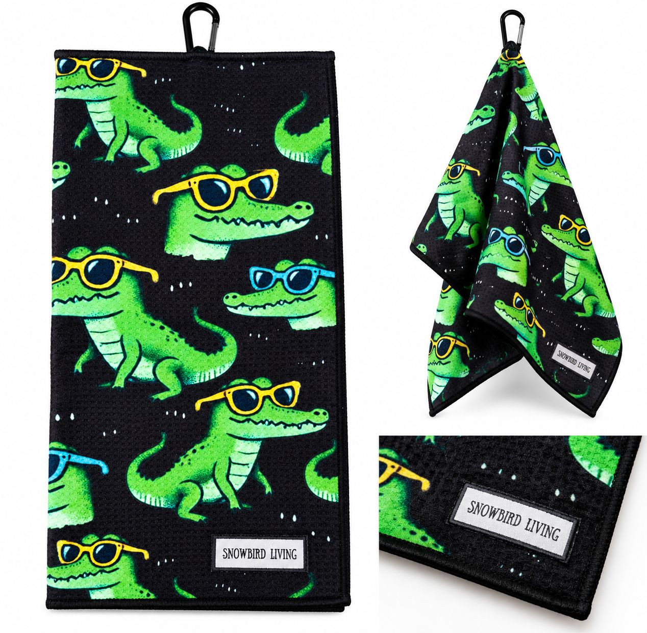 Snowbird Living Gator Golf Towel Black