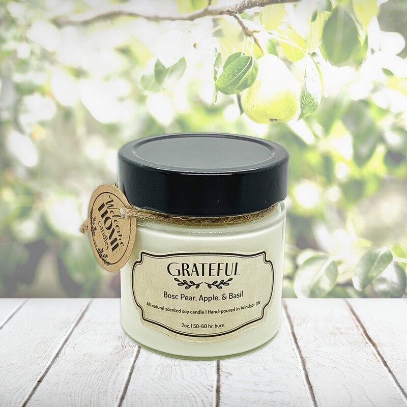 Bosc Pear, Apple &amp; Basil (Grateful) - Soy wax candle 7 oz.