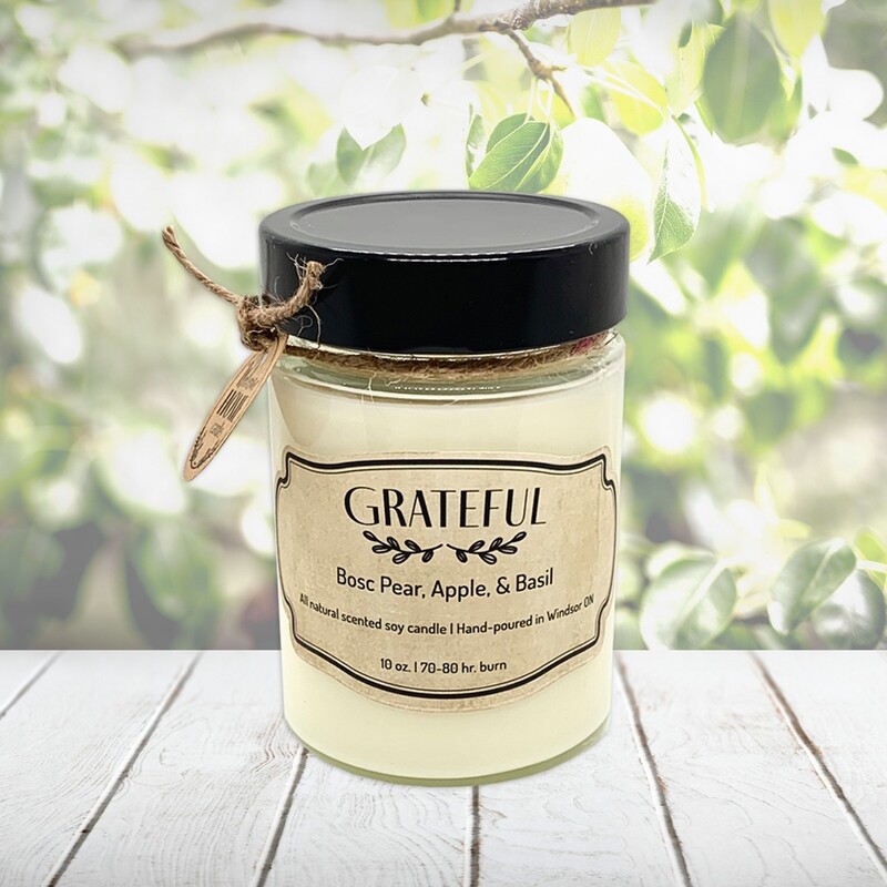 Bosc Pear, Apple &amp; Basil (Grateful) - Soy wax candle 10 oz.