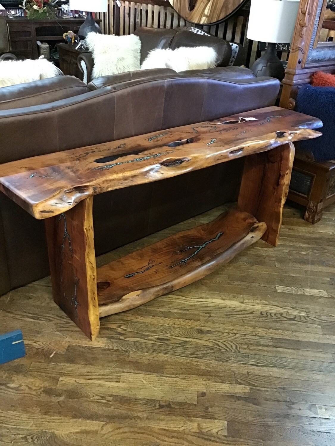 72&quot; Mesquite Sofa Table w/ Turquoise Electric Inlay