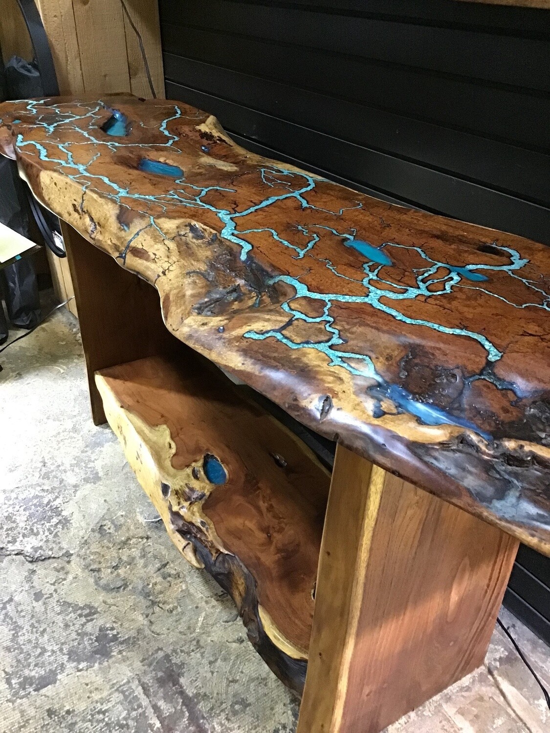 66&quot;x18&quot; Live Edge Turquoise with Electric Inlay Sofa Table