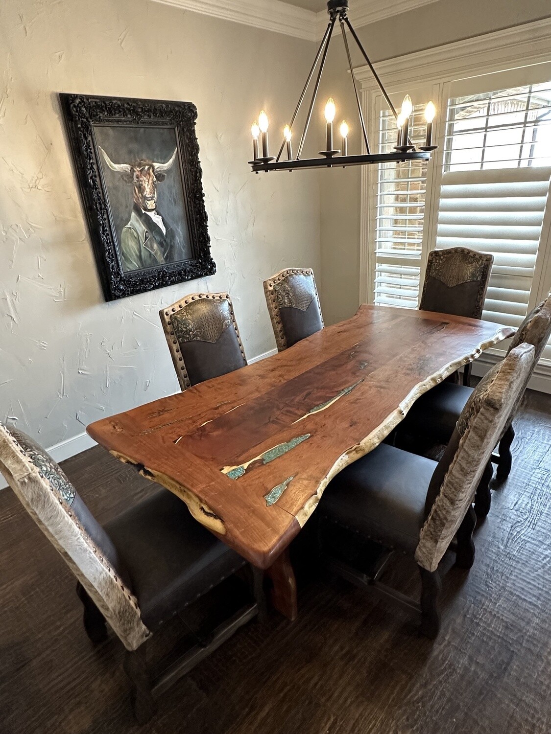 96&quot; Live Edge Mesquite Dining Table with Turquoise &amp; Copper Inlay
