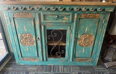 Adobe Buffet With Iron Door -Turquoise 18x60x42