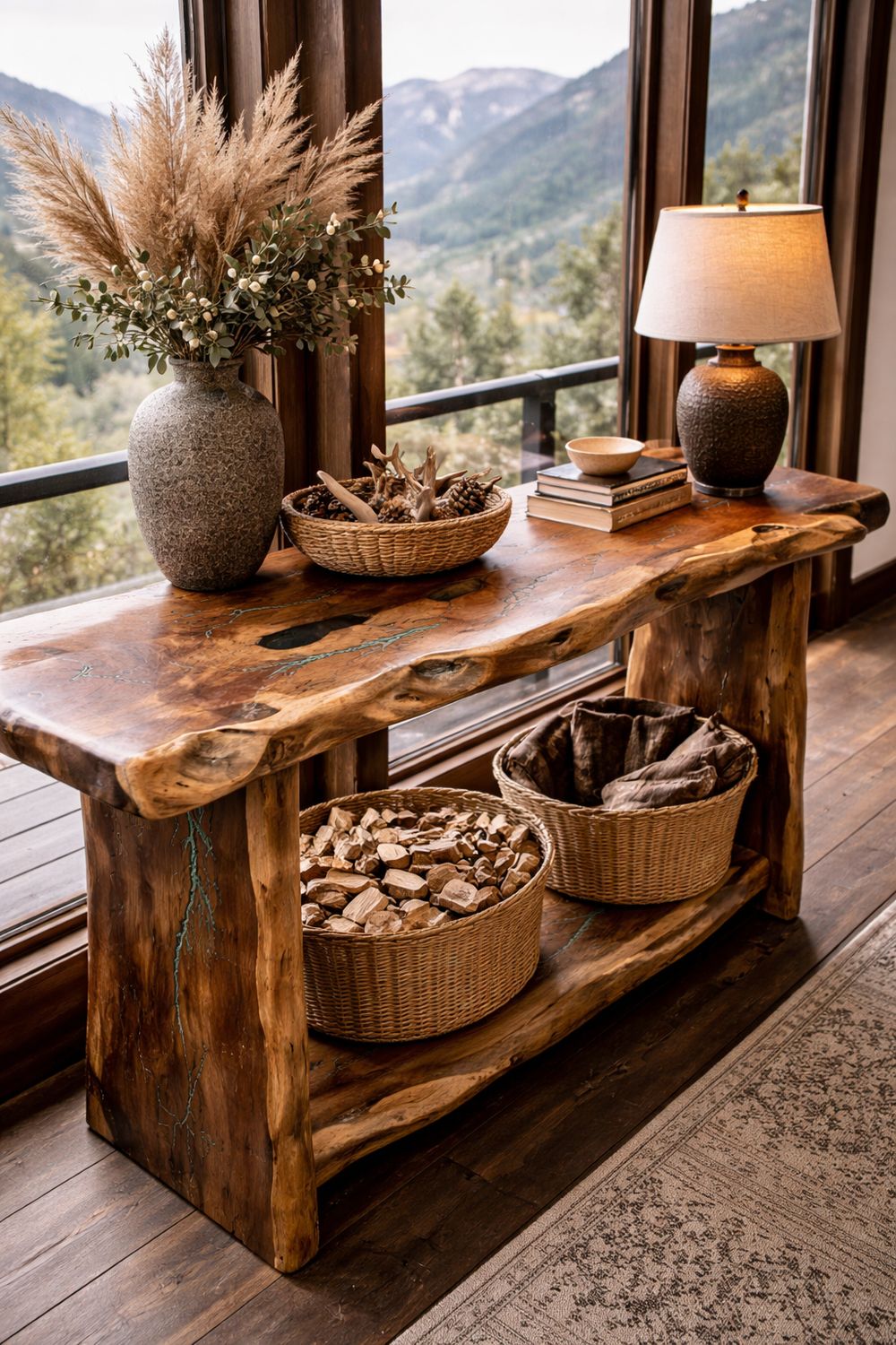 72" Mesquite Sofa Table w/ Turquoise Electric Inlay
