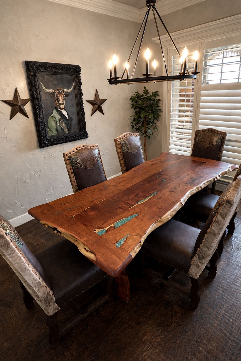 96" Live Edge Mesquite Dining Table with Turquoise &amp; Copper Inlay