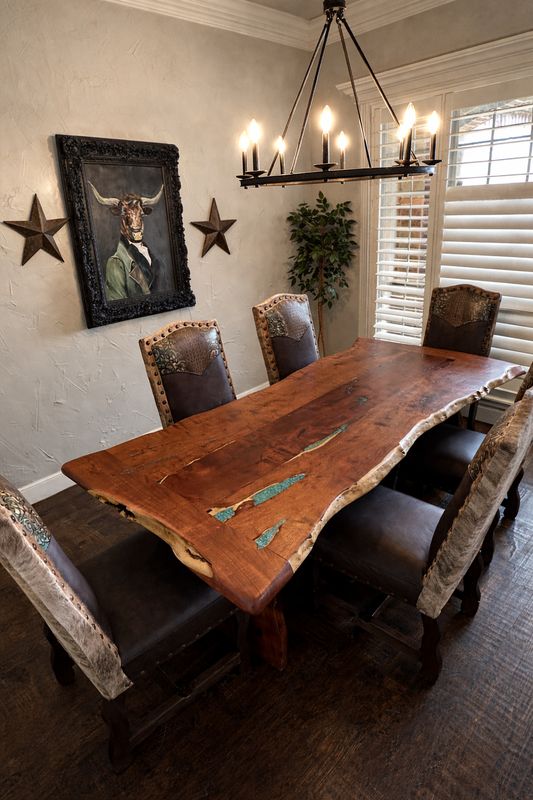 96" Live Edge Mesquite Dining Table with Turquoise &amp; Copper Inlay