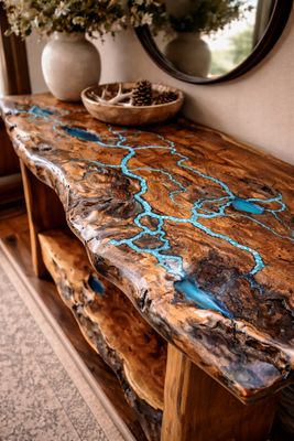 66"x18" Live Edge Turquoise with Electric Inlay Sofa Table