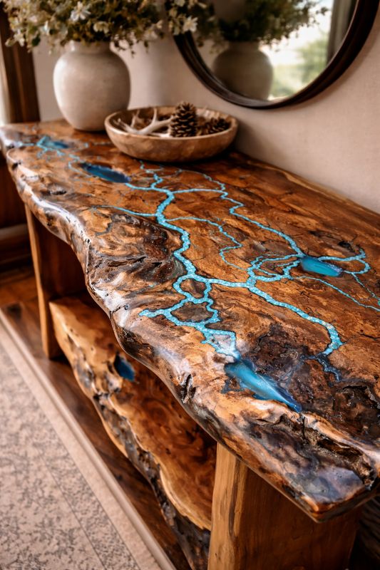 66"x18" Live Edge Turquoise with Electric Inlay Sofa Table
